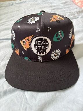 Headster Kids Black Snapback Hat with Floral, Pizza & Alien Print